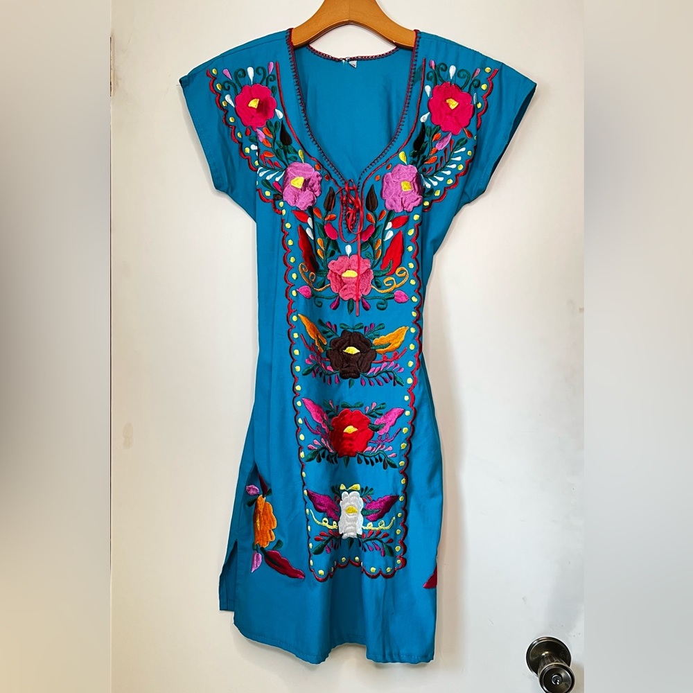 Embroidered Mexican Blue Floral Dress